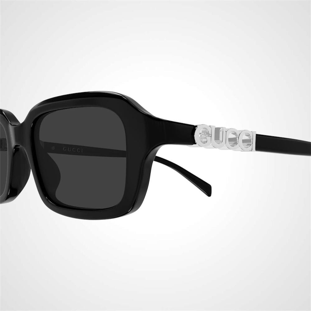 New GUCCI Sunglasses Black Acetate Rectangle Square Silver Metal Logo Womens - Picture 3 of 4